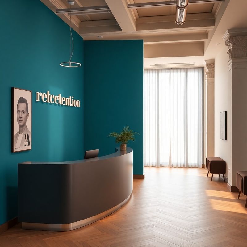 Recepce redakce s azurovou akcentní stěnou