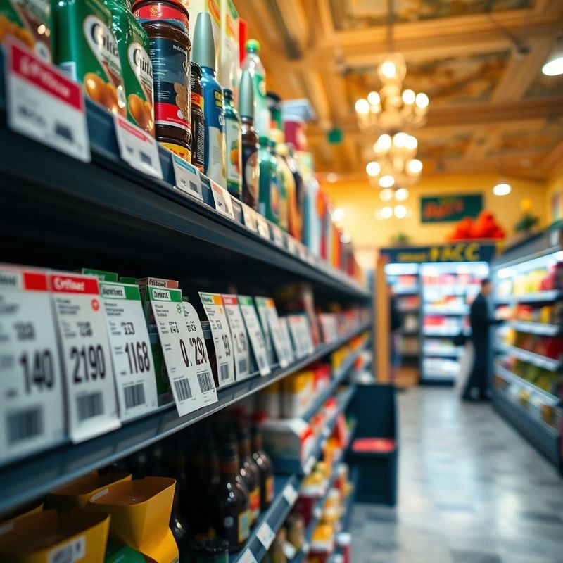 Regál českého supermarketu s cenovkami základních potravin